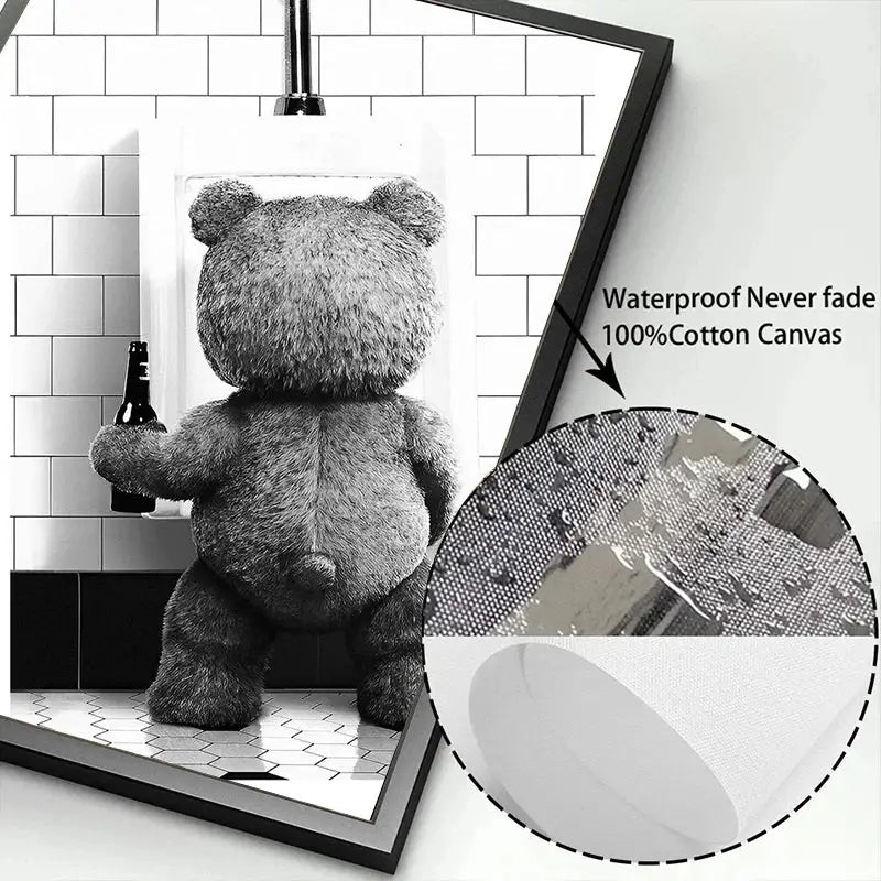 Black and white canvas print of cute bear holding bottle framed in black ideal for bear bathroom decor by DecorBites™