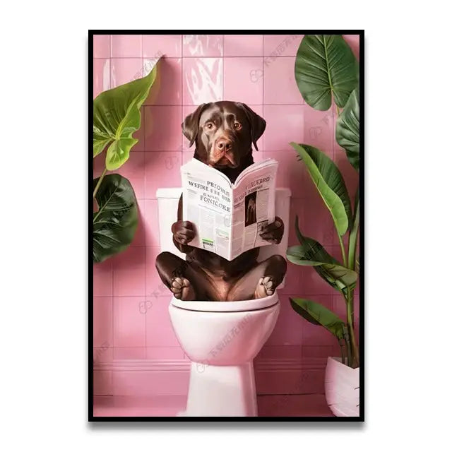 Framed canvas wall art featuring a chocolate labrador retriever on a toilet reading a newspaper for bathroom decor