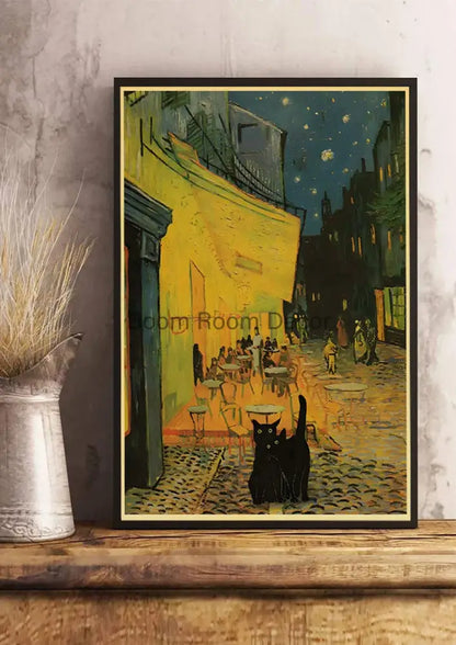 Decorbites™ cute digital cats poster print featuring a black cat silhouette inspired by van gogh in a black frame on kraft paper