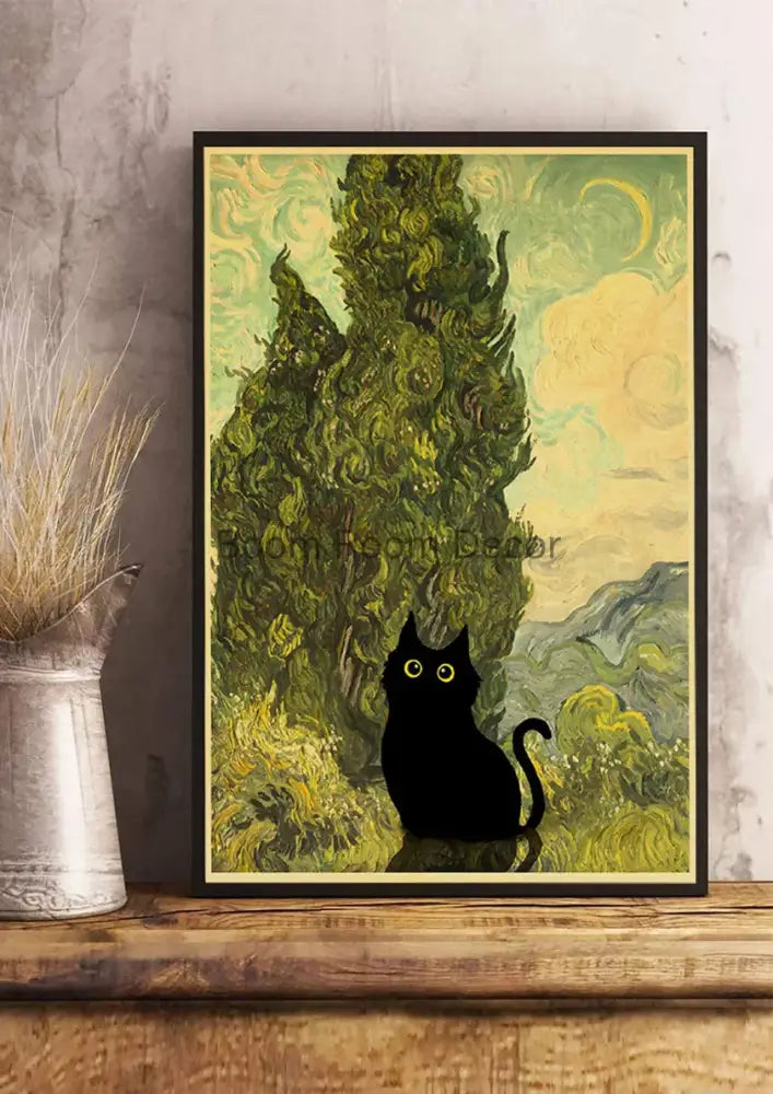 DecorBites™ cute digital cats cartoon poster print of black cat silhouette with green yellow brushstrokes on kraft paper