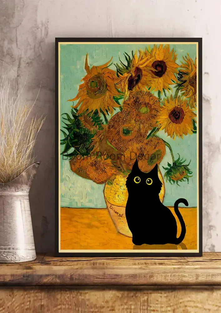 Decorbites™ cute digital cats cartoon poster print featuring a black cat silhouette and van goghs sunflowers on kraft paper