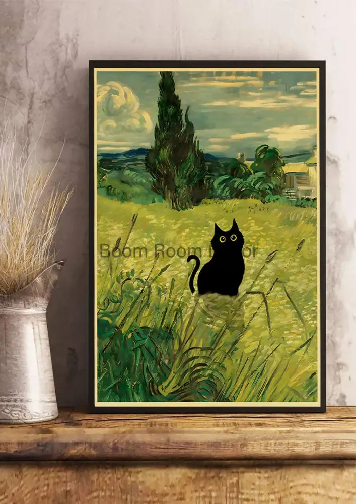 Decorbites™ cute digital cats cartoon poster print featuring black cat silhouette with van gogh-style brushstrokes in black frame