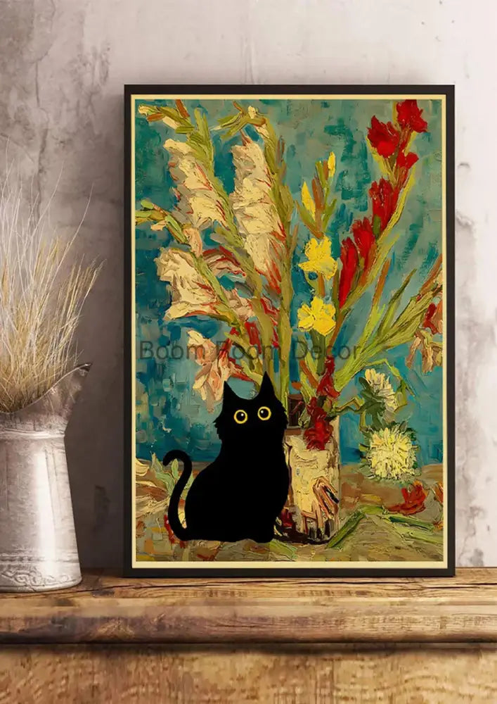 DecorBites™ cute digital cats poster print featuring black cat silhouette with vibrant floral design in black frame