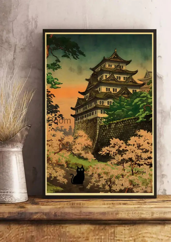 A framed DecorBites™ cute digital cats cartoon poster print on kraft paper featuring a vintage japanese castle and cherry blossoms