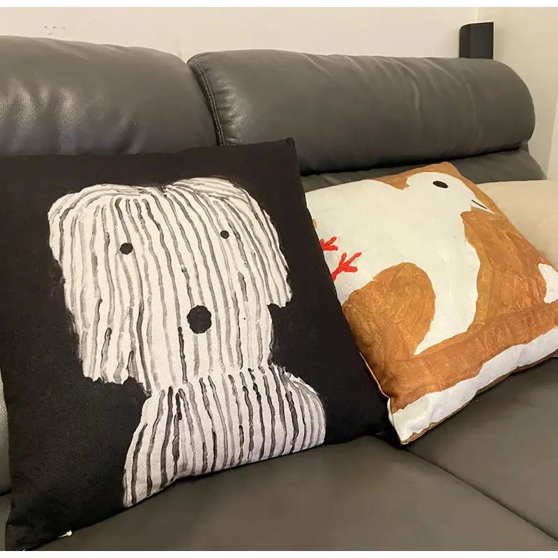 Black cushion with a white striped dog illustration featuring decorbites cute dog printed design for living room use