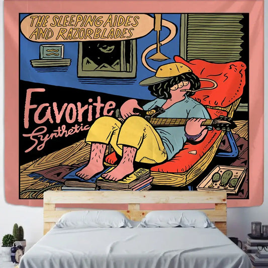 Vibrant pink decorbites cute girl cartoon wall hanging tapestry featuring person playing guitar on red chair with bold text