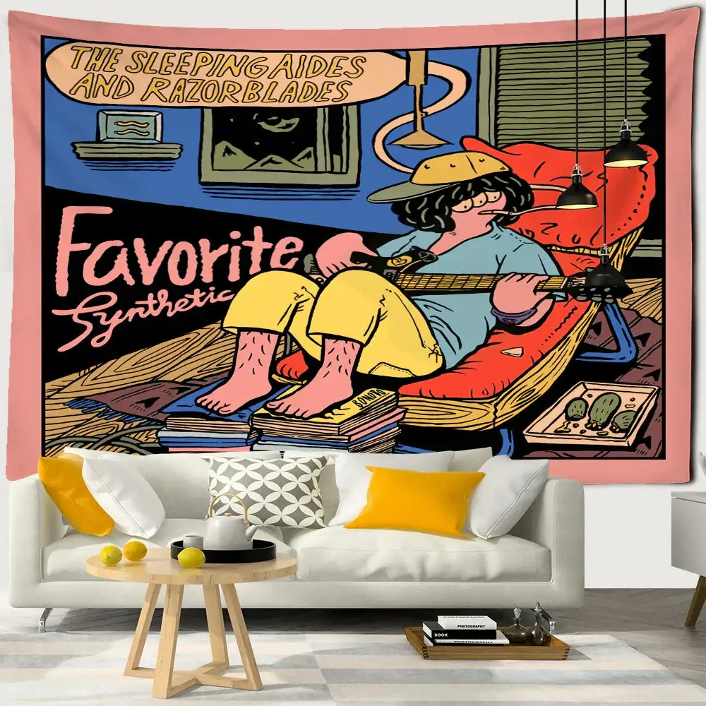 A pink-framed decorbites cute girl cartoon wall hanging tapestry featuring a person playing guitar in a cozy room