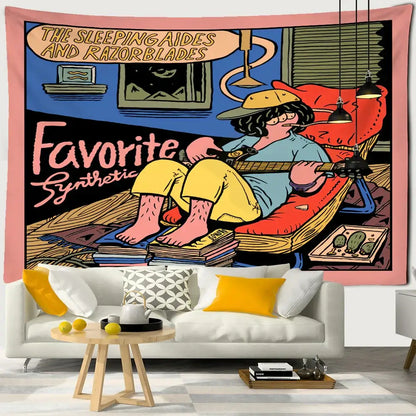 A pink-framed decorbites cute girl cartoon wall hanging tapestry featuring a person playing guitar in a cozy room