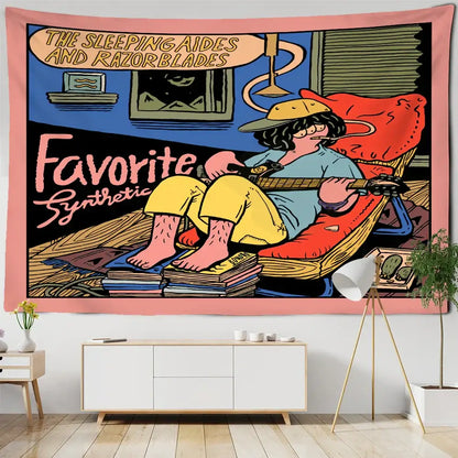 Vibrant pink-bordered decorbites cute girl cartoon wall hanging tapestry featuring person lounging on books playing guitar