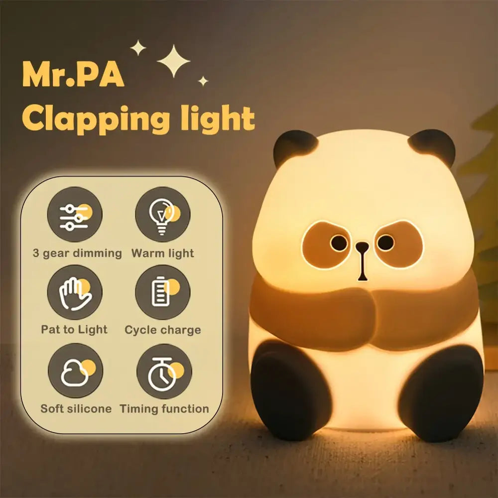 Decorbites cute panda night light soft silicone clapping lamp with warm glow and black accents for bedroom sleep use