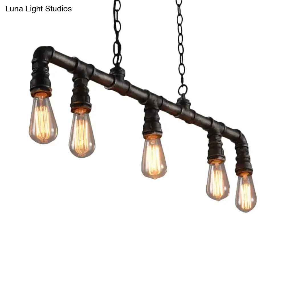 DecorBites™ cyberpunk black iron plumbing pipe hanging lamp with five amber filament bulbs for ceiling light 220v-240v
