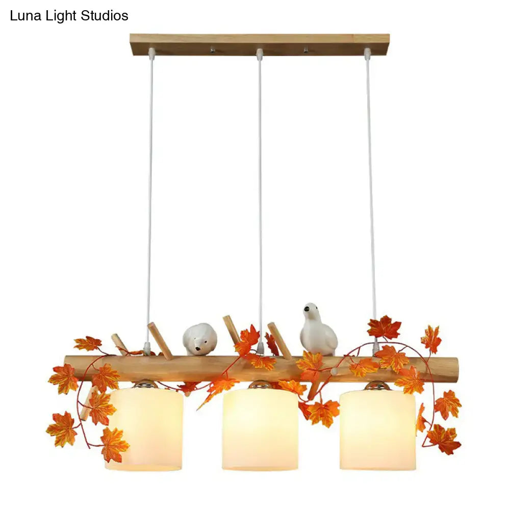 Decorbites™ rustic wooden pendant light with warm glass shades and resin bird deco for country style restaurants