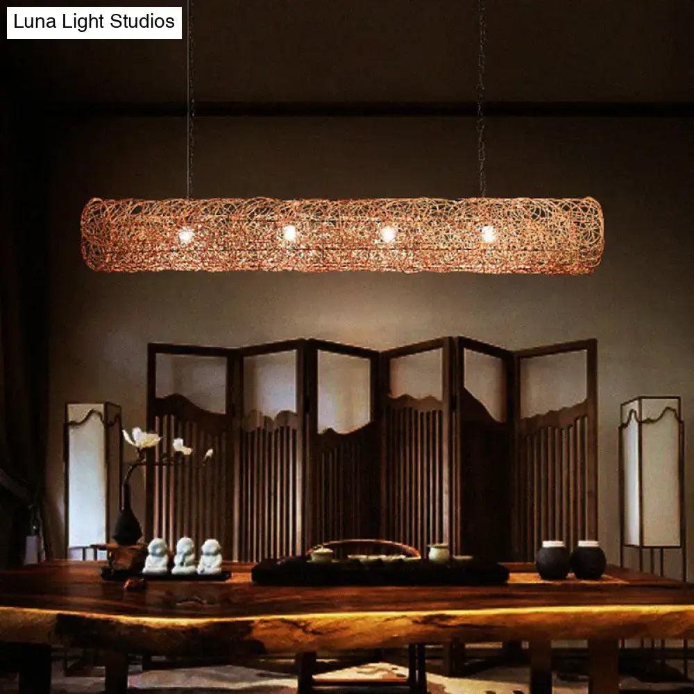 Warm-toned woven wicker cylindrical rattan island pendant light with three bulbs for tea room ceiling 220v-240v 110v-120v