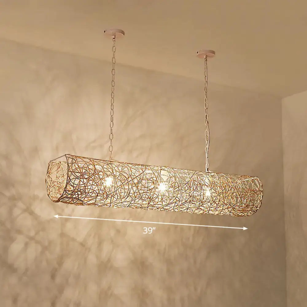 Decorbites cylindrical rattan island pendant light with woven golden-brown wireframe and 3 bulbs for tea room ceiling 220v-240v 110v-120v