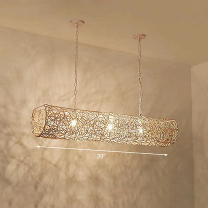 Decorbites cylindrical rattan island pendant light with woven golden-brown wireframe and 3 bulbs for tea room ceiling 220v-240v 110v-120v