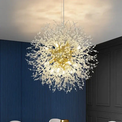Golden decorbites dandelion chandelier with crystal drapes in radiant dandelion design for living room lighting