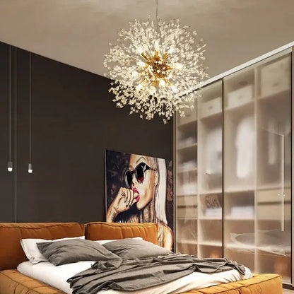 A sparkling gold and crystal decorbites dandelion chandelier with a radiant flower-like design for living room light