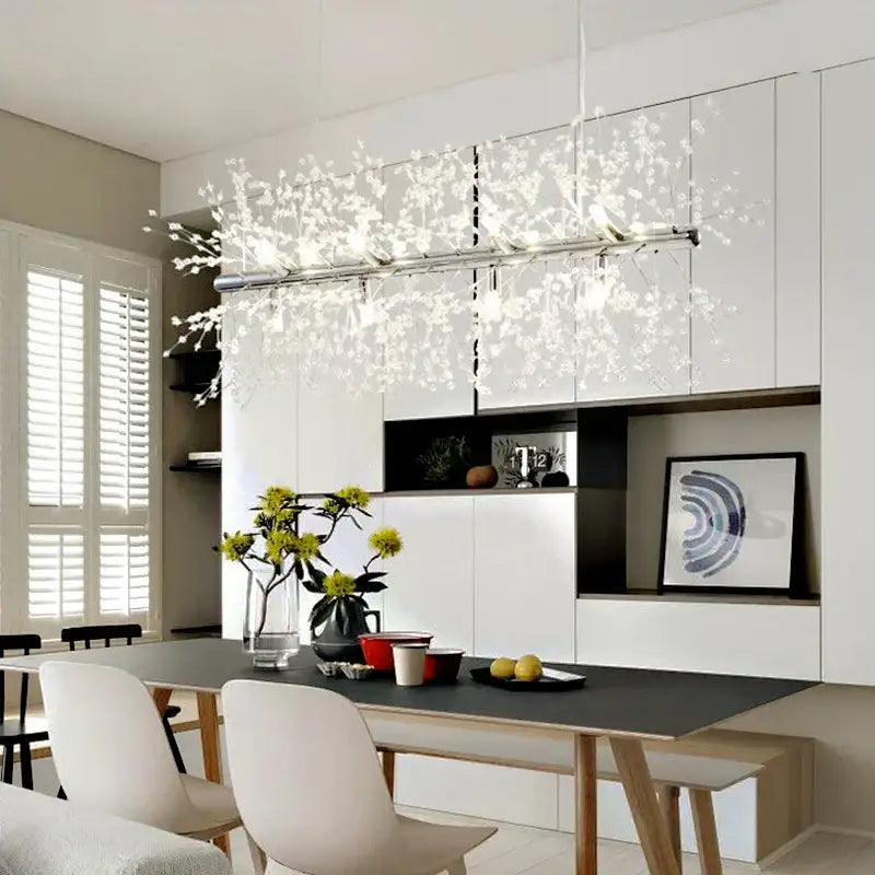 Modern chrome decorbites dandelion chandelier with delicate branching crystal arms and embedded led lights for living room use