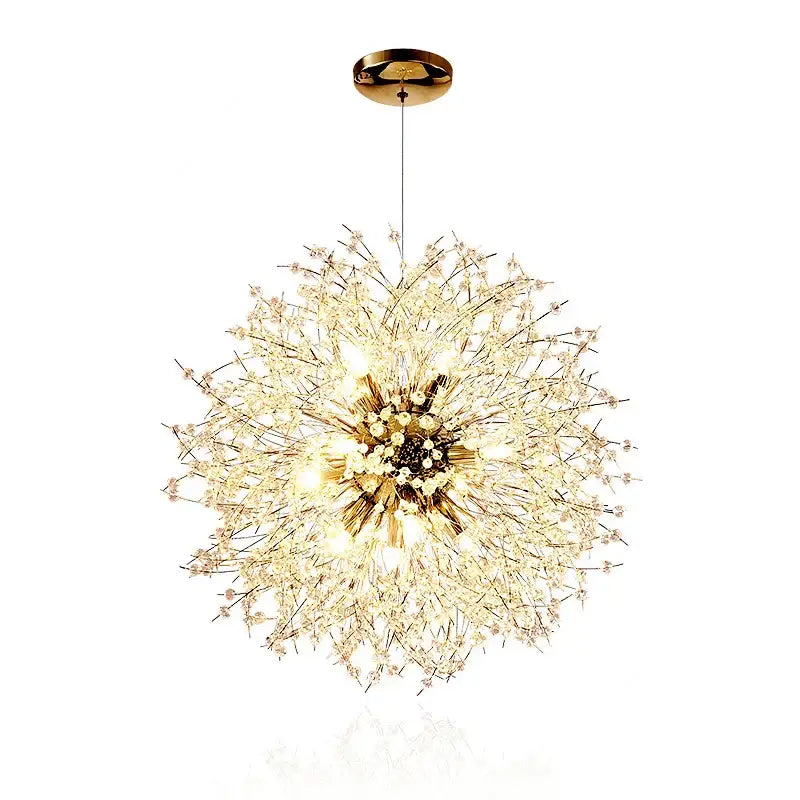 Golden decorbites dandelion chandelier with crystal-like stems and central led lights for living room lighting
