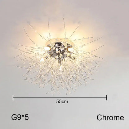 Chrome finished decorbites dandelion chandelier with five g9 bulbs and gold crystal strands for living room lighting