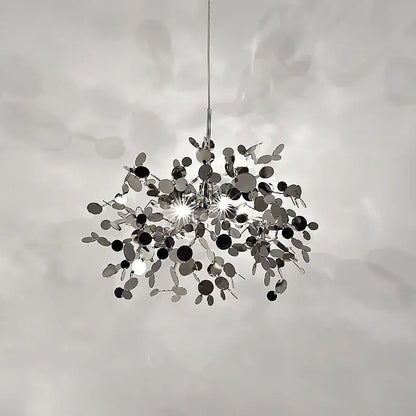 Silver metallic decorbites dandelion chandelier with modern organic circular and leaf-shaped elements for dining room lighting