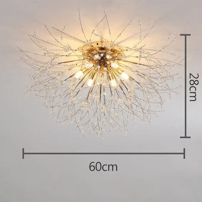 Gold-toned decorbites dandelion crystal led ceiling light with delicate crystal-adorned wire arms for living room