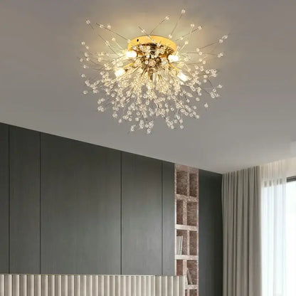 Gold-toned decorbites dandelion crystal led ceiling light with delicate crystal branches for living room illumination