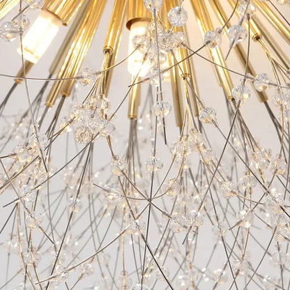 Golden sunburst decorbites dandelion crystal led ceiling light with clear crystal beads and slender metallic rods for living room