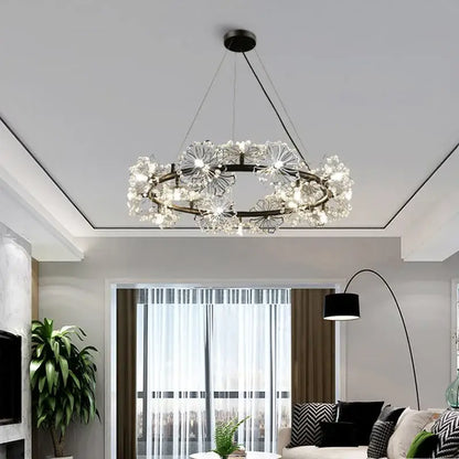 A modern black metal decorbites dandelion flower chandelier with intricate crystal flower fixtures for living room lighting