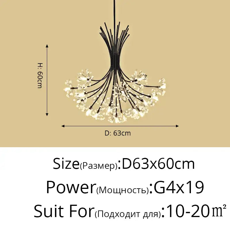 Black metal decorbites dandelion flower chandelier with multiple crystal clusters and 19 g4 bulbs for living room light