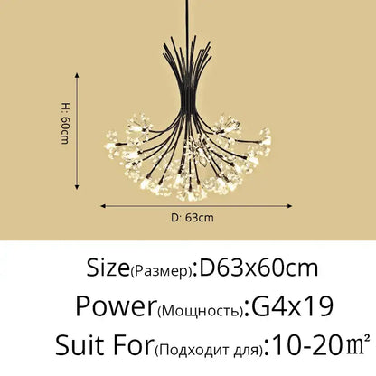 Black metal decorbites dandelion flower chandelier with multiple crystal clusters and 19 g4 bulbs for living room light