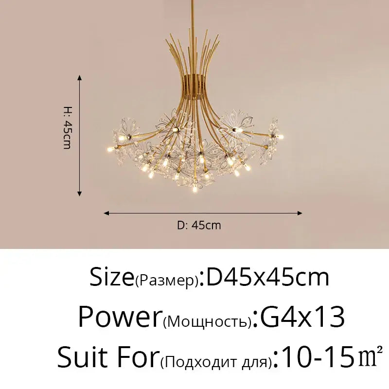 Golden decorbites dandelion flower chandelier with delicate crystal fixtures and black metal stem for living room light