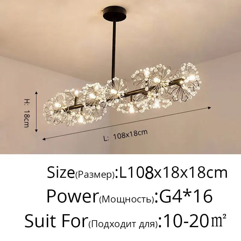 Modern black metal decorbites dandelion flower chandelier with crystal clusters and 16 g4 bulbs for living room lighting