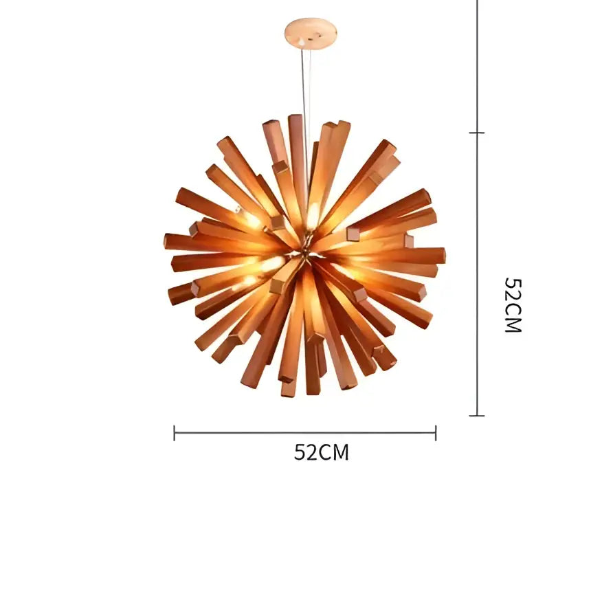 A warm-toned decorbites dandelion wooden pendant light with 52cm diameter and radiating wooden slats for dining room