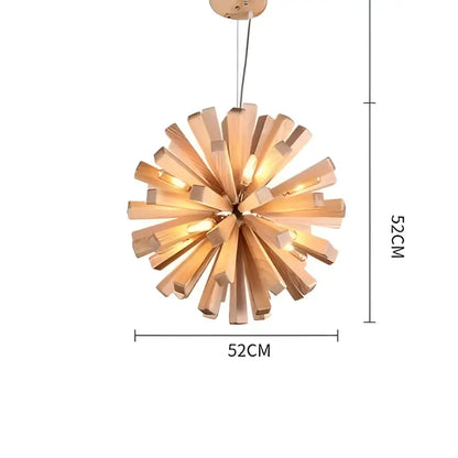 A warm-toned 52cm diameter decorbites dandelion wooden pendant light with radial design and visible wood grain for dining room