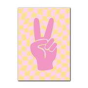 DecorBites danish pastel flower canvas wall art featuring a pink peace sign hand on a pastel yellow and pink checkered background