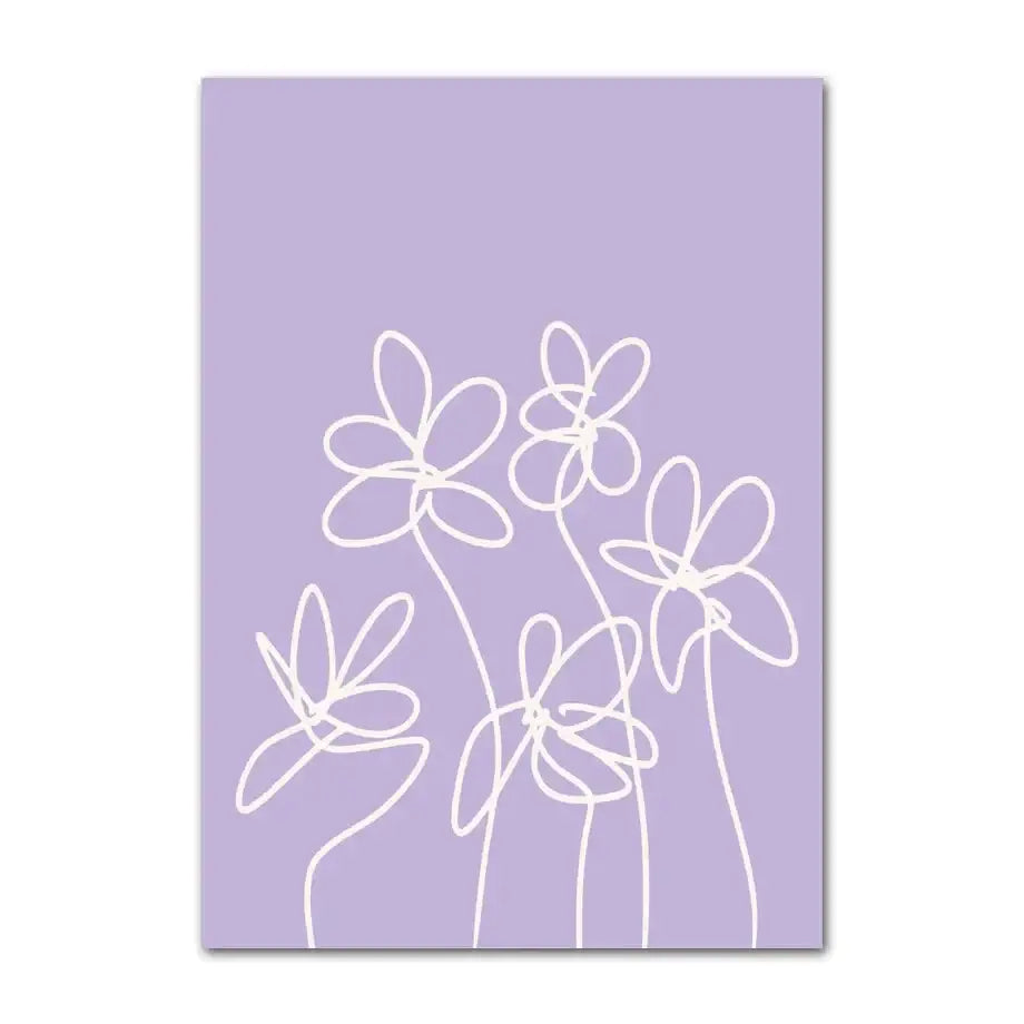 Decorbites™ danish smiley flower wall art in pastel purple canvas with minimalist white line-drawn smiley flower design