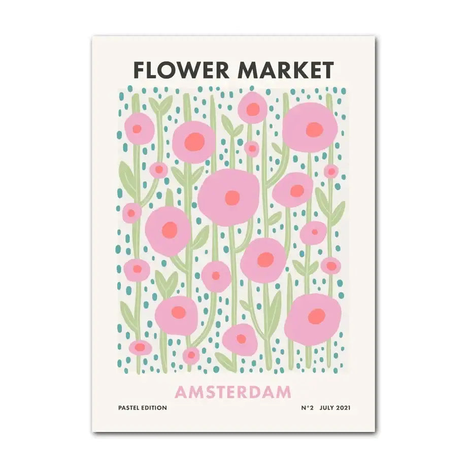 Decorbites™ danish smiley flower wall art in pastel purple featuring a pastel pink and teal smiley flower illustration