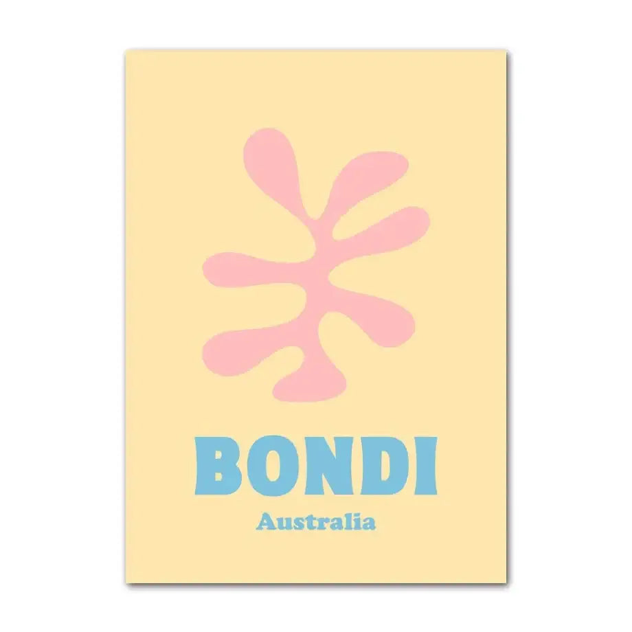 Pastel yellow rectangular wall art featuring a pink stylized smiley flower and bondi australia text in bold blue letters