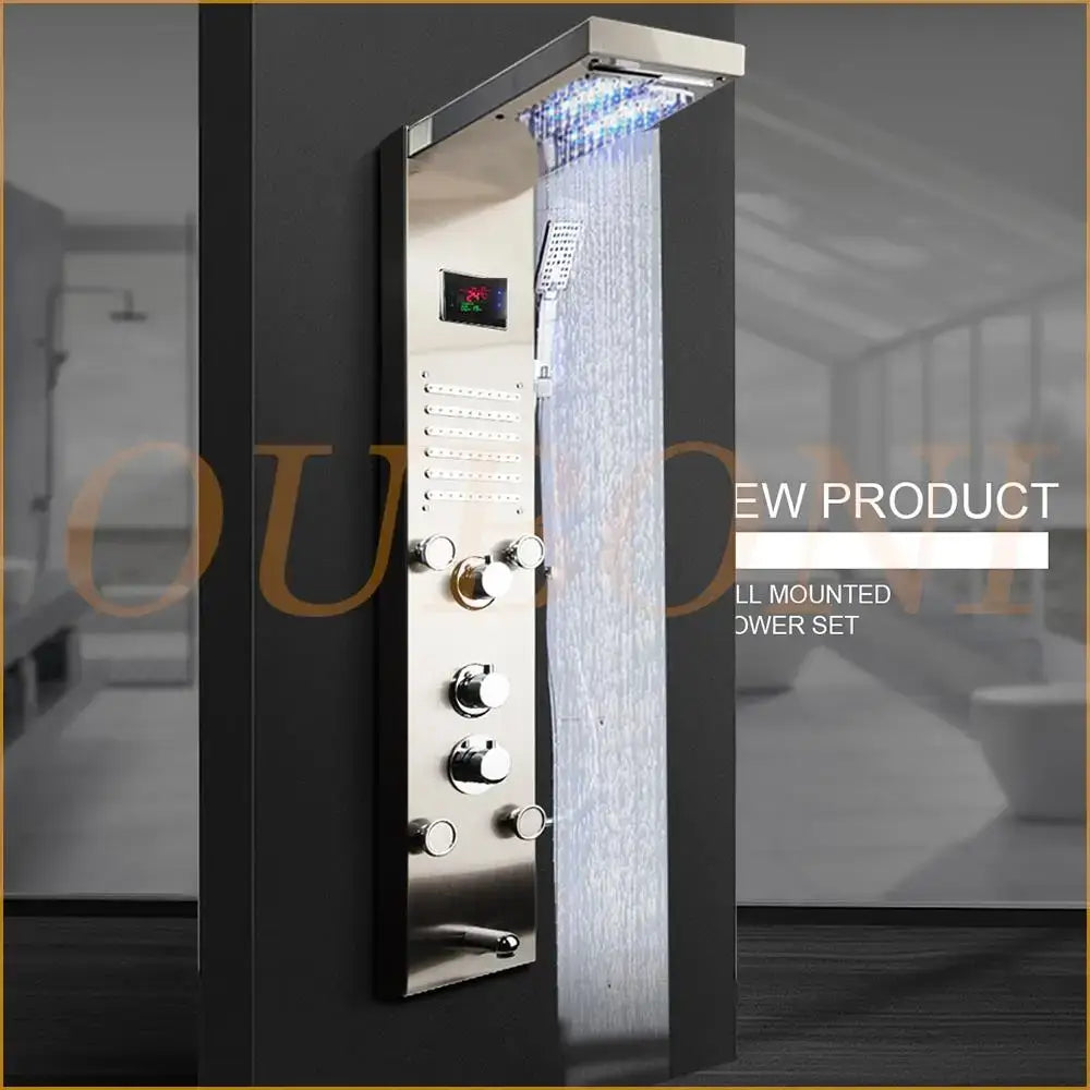 Decorbites dark grey led shower panel with chrome finish rainfall spa jets and integrated led lighting for bathroom use