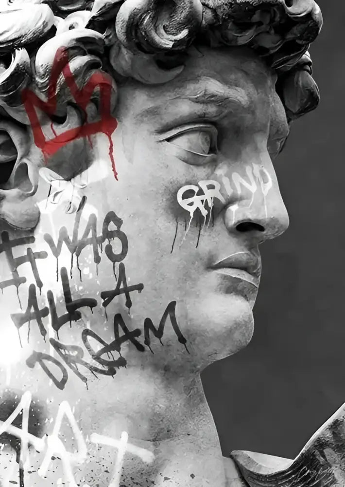 Decorbites™ david graffiti art canvas print featuring black and white statue with red crown graffiti art markings