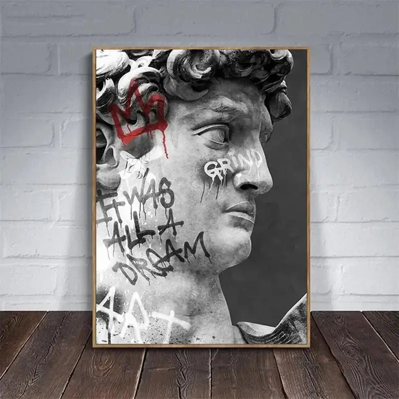 Decorbites™ david graffiti art canvas print featuring black-and-white classical statue head with red tags in light wood frame