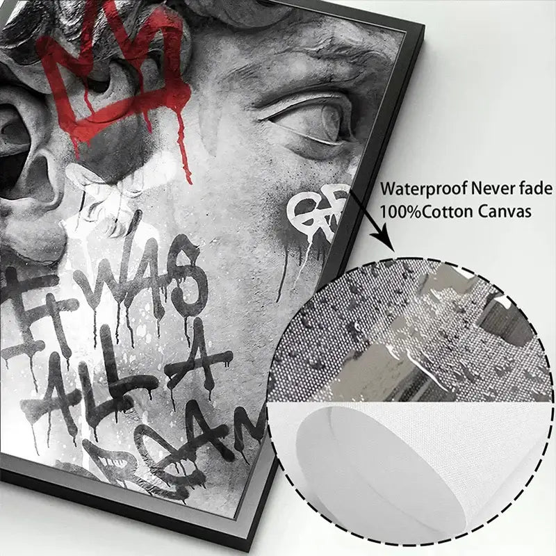 Decorbites™ david graffiti art canvas print featuring black and white stylized face with red accents in black frame