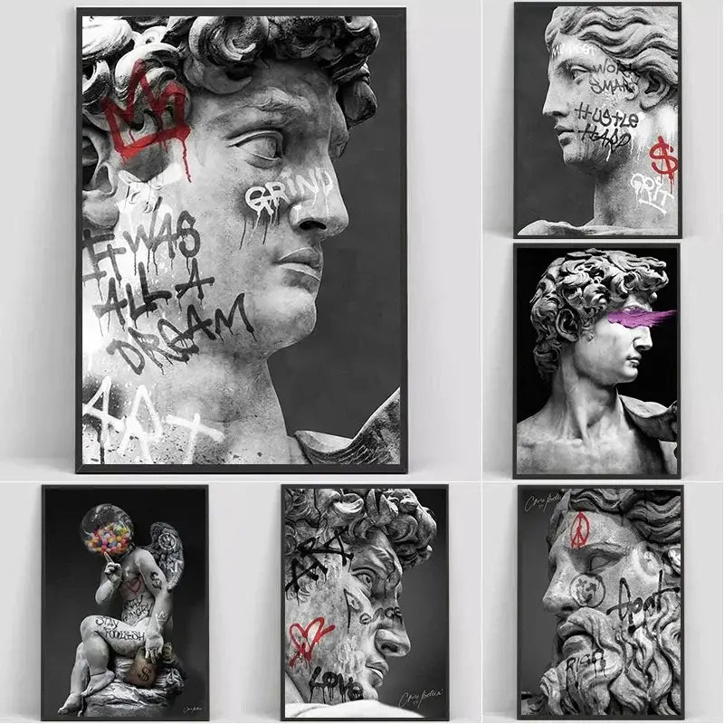 Black-and-white framed graffiti art canvas print featuring classical statues with vibrant color accents for room decor
