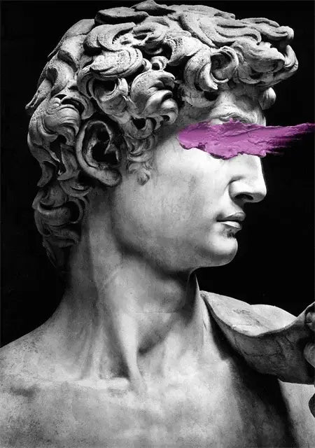 DecorBites™ david graffiti art canvas print features black-and-white marble sculpture with magenta paint streak