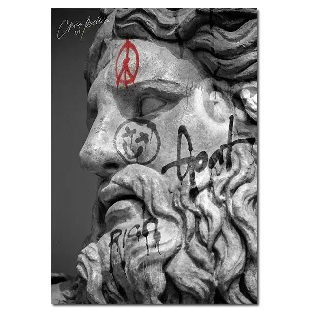 DecorBites™ David graffiti art canvas print features a black-and-white stone statue head with red and black graffiti