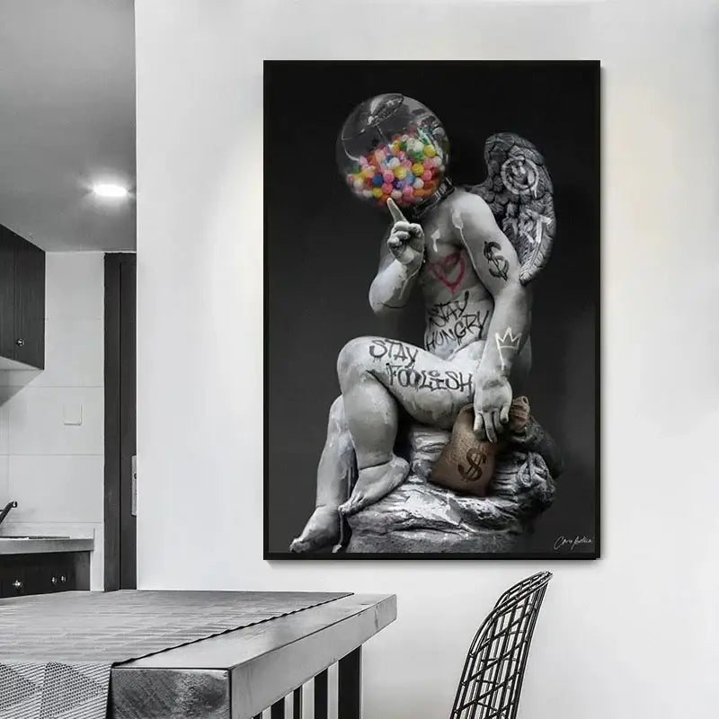 Black-and-white DecorBites™ David graffiti art canvas print featuring cherub with colorful gumball machine head and graffiti markings