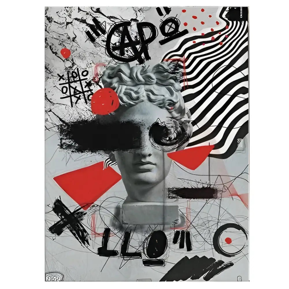 Gray marble statue head with red and black graffiti art on a decorbites™ david graffiti art canvas print for room decor