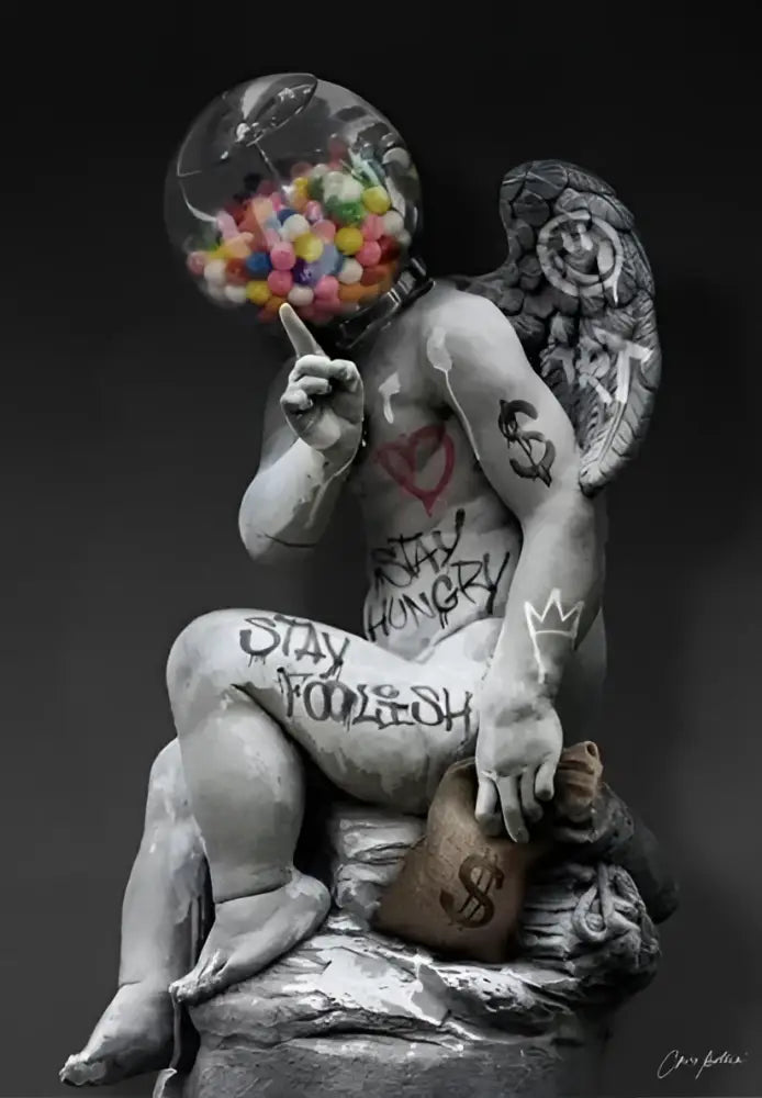 Decorbites™ david graffiti art canvas print featuring a gray angel statue with gumball machine head and tattooed body