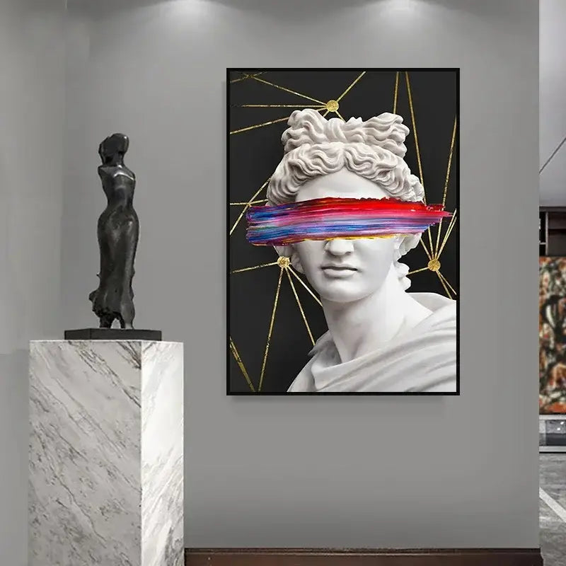 DecorBites™ David graffiti art canvas print featuring a classical white marble statue with vibrant red and blue brushstrokes